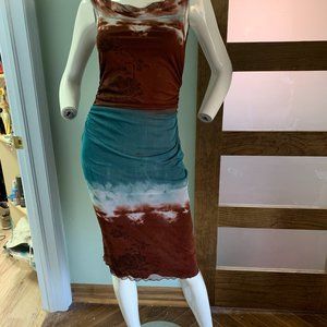 Le Chateau brown blue & white sheer dress small